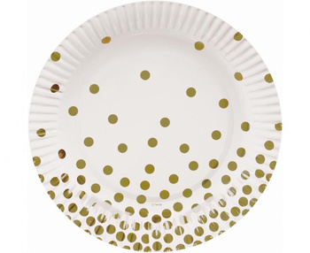 Talerzyki pap. białe, Groszki złote, 18 cm, 6 szt.